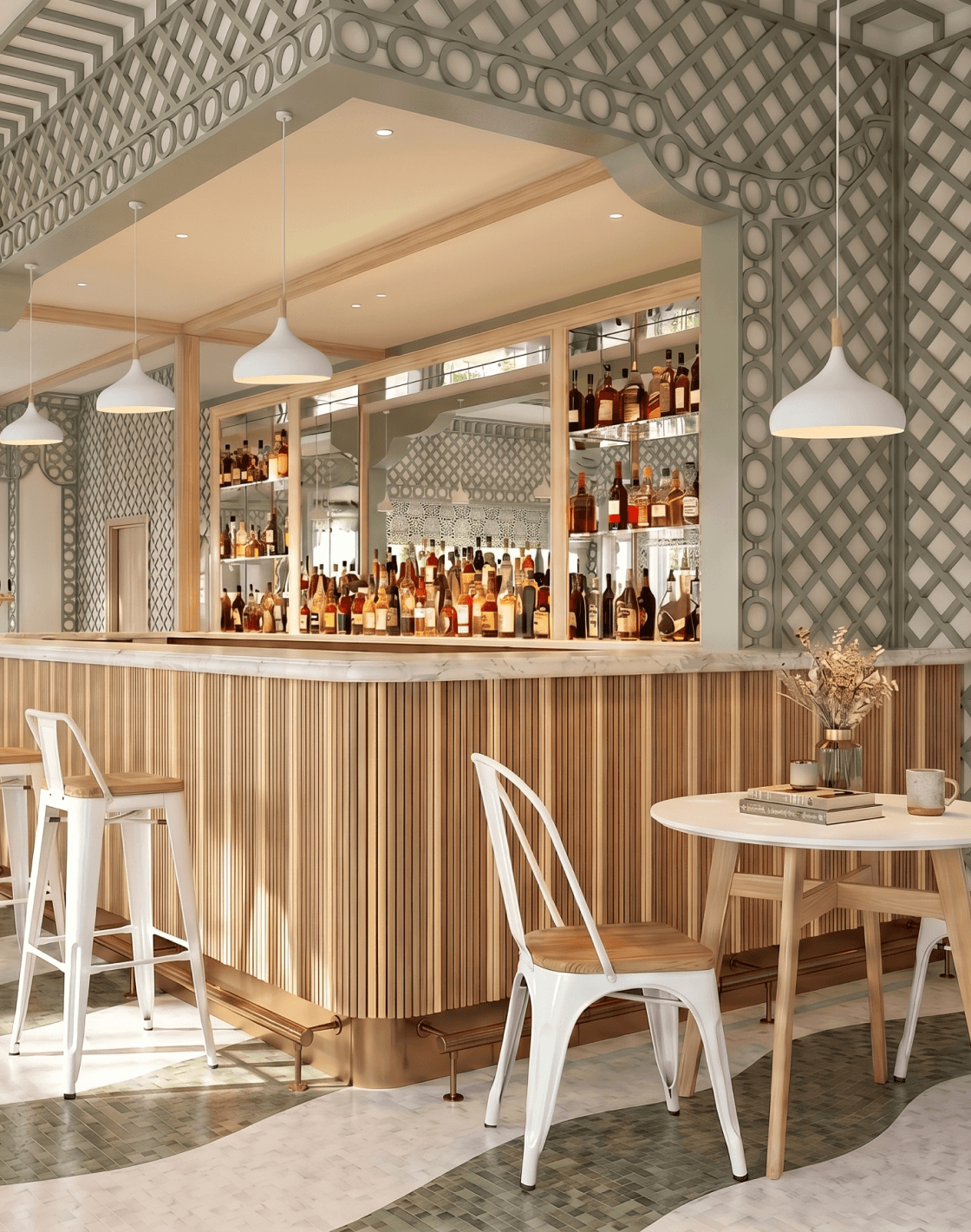 Стол Target Circle, Стул TOLIX WOOD,Светильник подвесной Eline, Стул полубарный TOLIX WOOD
