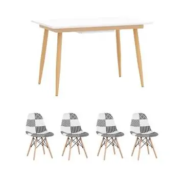Обеденная группа стол Стокгольм 120-160*80, 4 стула DSW пэчворк черно-белые