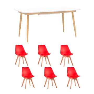 Обеденная группа стол Стокгольм 160-220*90, 6 стульев Frankfurt красные