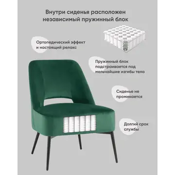 Кресло лаунж Бостон велюр зелёный на черных ножках