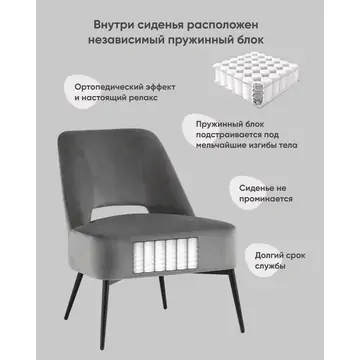 Кресло лаунж Бостон велюр тёмно-серый на черных ножках